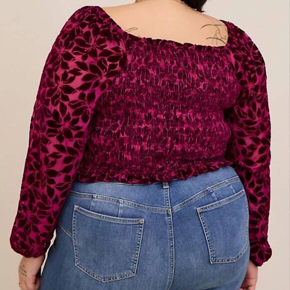 Torrid Plus Size 3X 22-24 Velvet Burnout Smocked Blouson Sleeve Top - Picture 3 of 6